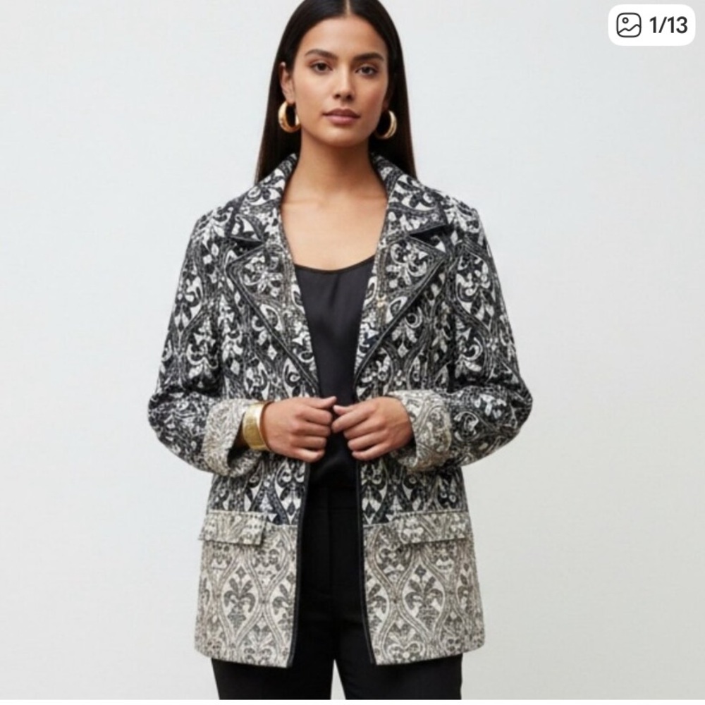 Chico's Tapestry Brocade Jacquard Blazer Jacket with gold sequins size 2 (12/14)